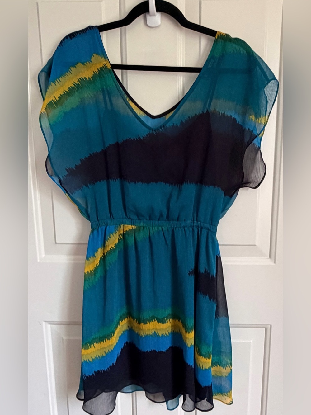 Express Teal Mini Dress with Navy and Yellow Wave Stripes
